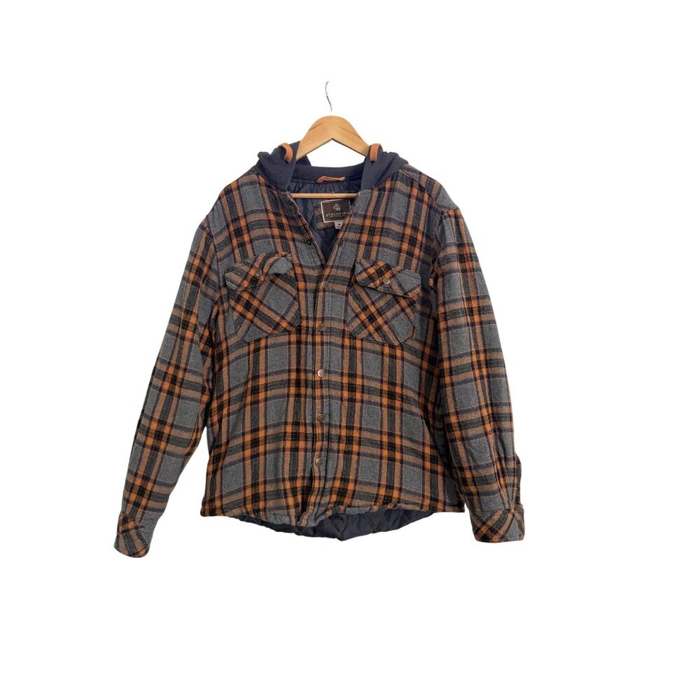 Legendary Outfitters Hooded Flannel Jacket Quilted Lined Plaid Gray Orange M
